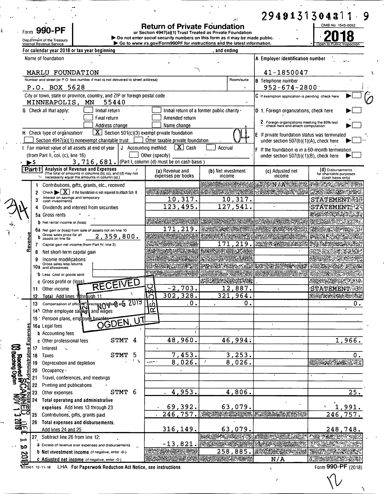 Image of first page of 2018 Form 990PF for Marlu Foundation