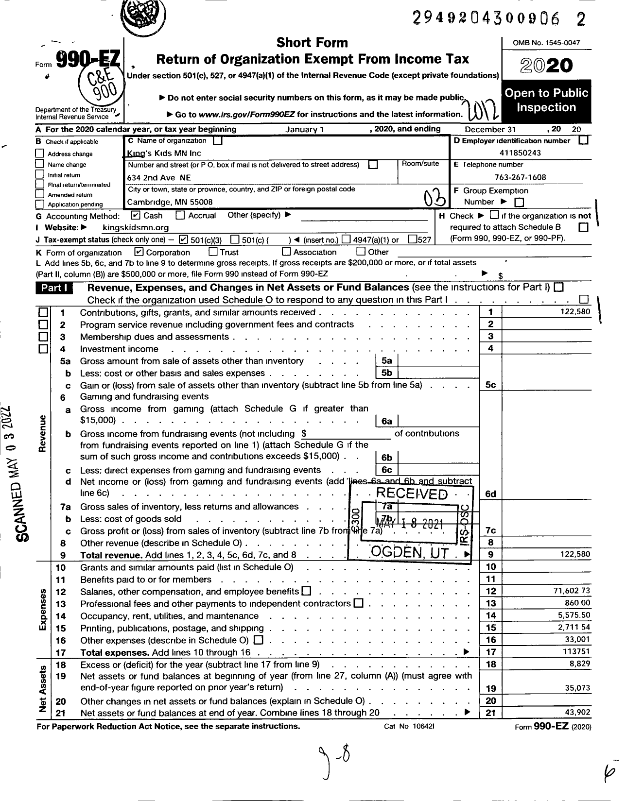 Image of first page of 2020 Form 990EZ for Kings Kids Minnesota