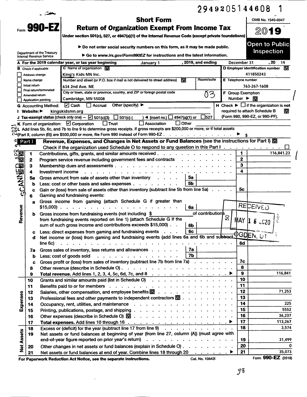 Image of first page of 2019 Form 990EZ for Kings Kids Minnesota