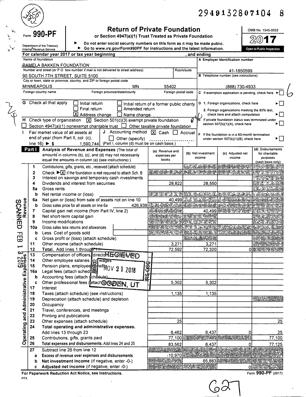 Image of first page of 2017 Form 990PF for Pamela Bakken Foundation