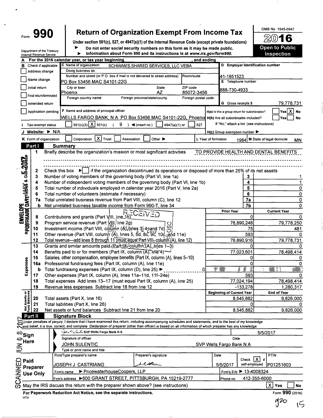 Image of first page of 2016 Form 990O for Schwans Shared Services LLC Veba