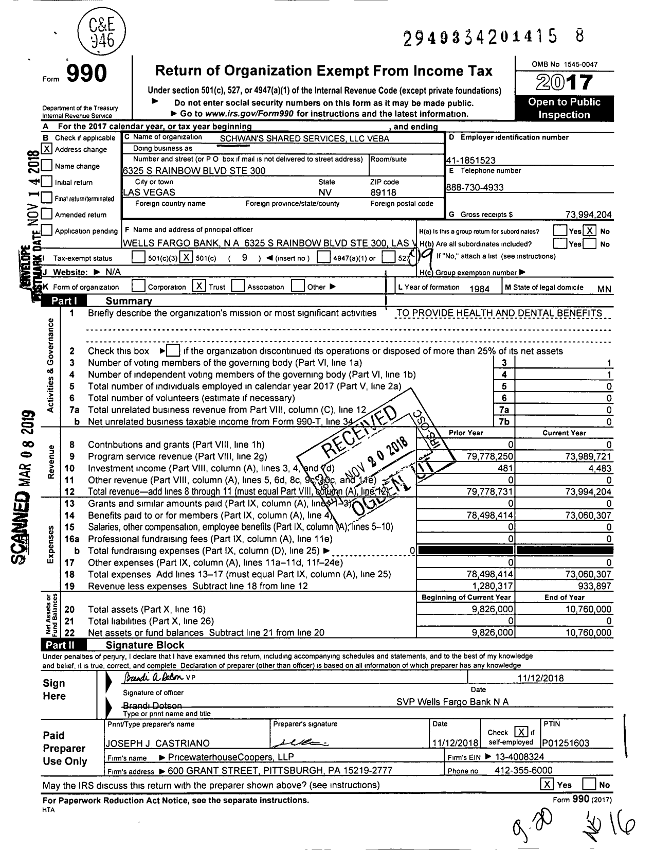 Image of first page of 2017 Form 990O for Schwans Shared Services LLC Veba