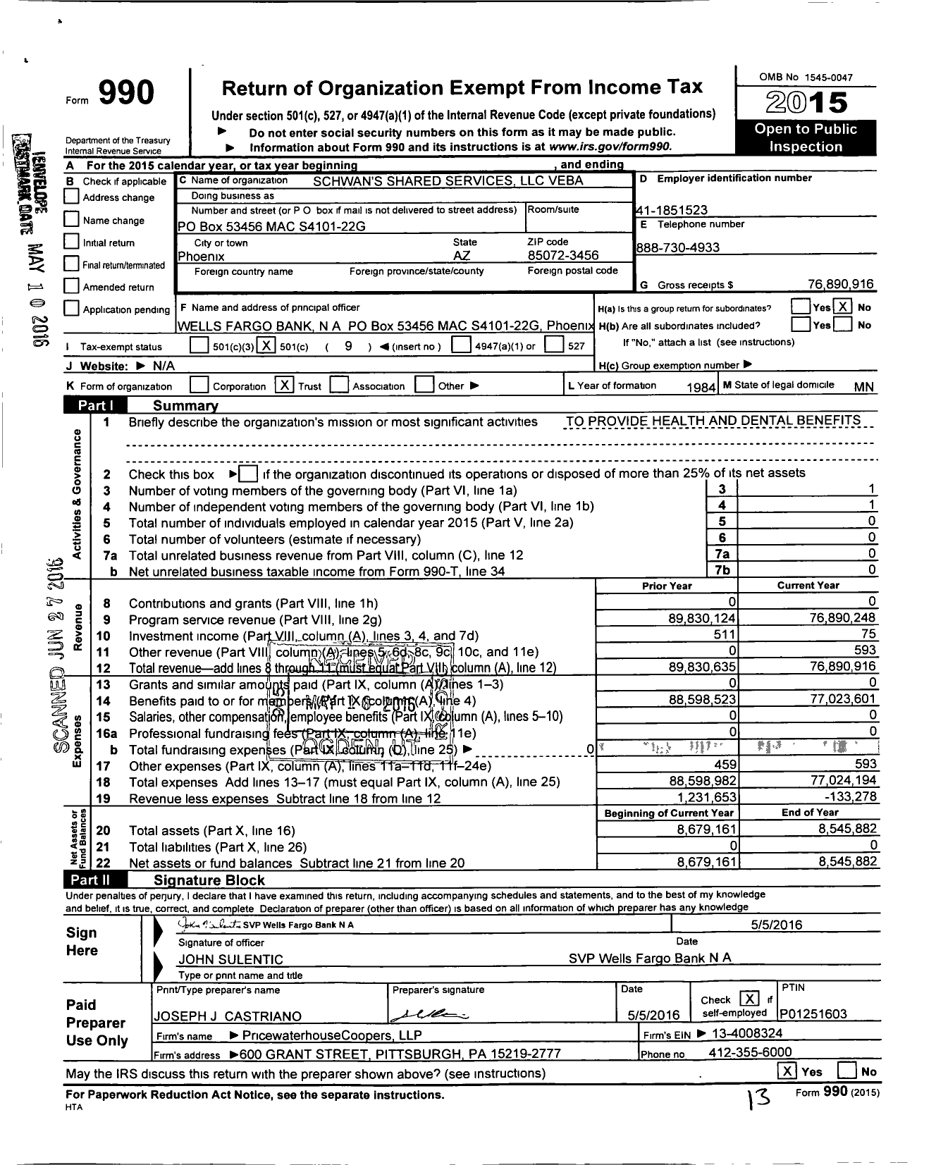 Image of first page of 2015 Form 990O for Schwans Shared Services LLC Veba