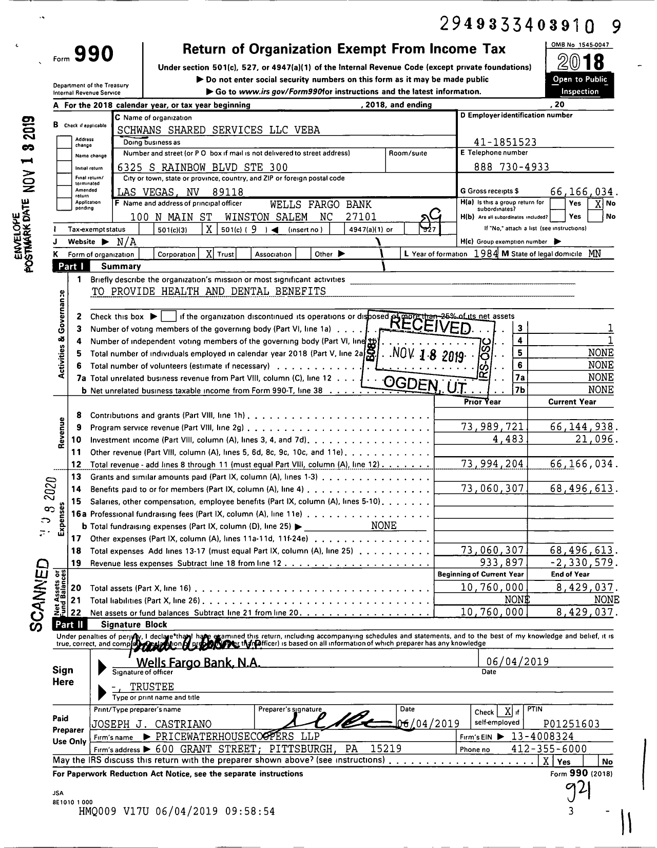 Image of first page of 2018 Form 990O for Schwans Shared Services LLC Veba