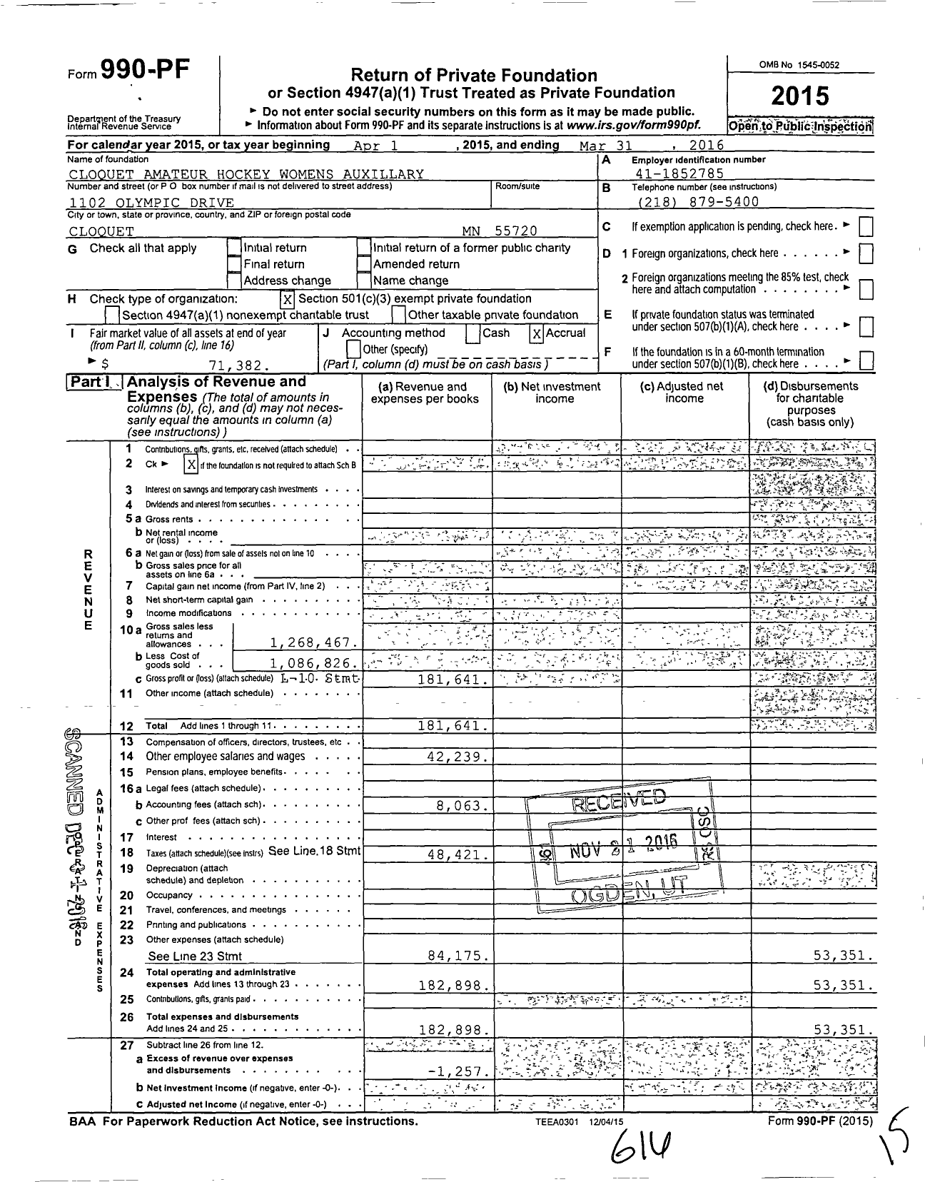 Image of first page of 2015 Form 990PF for Cloquet Amateur Hockey Womens Auxillary