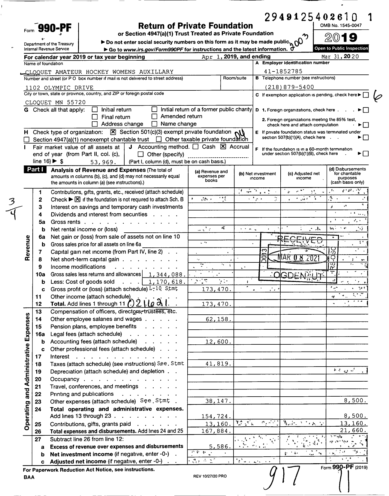 Image of first page of 2019 Form 990PF for Cloquet Amateur Hockey Womens Auxillary