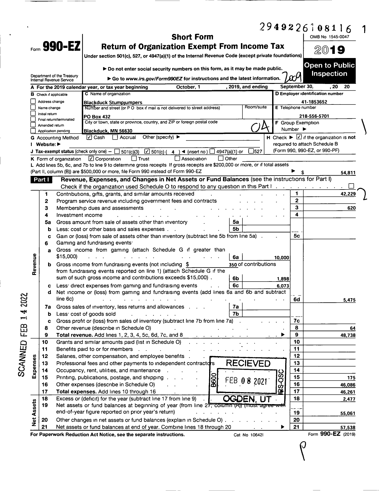 Image of first page of 2019 Form 990EO for Blackduck Stumpjumpers