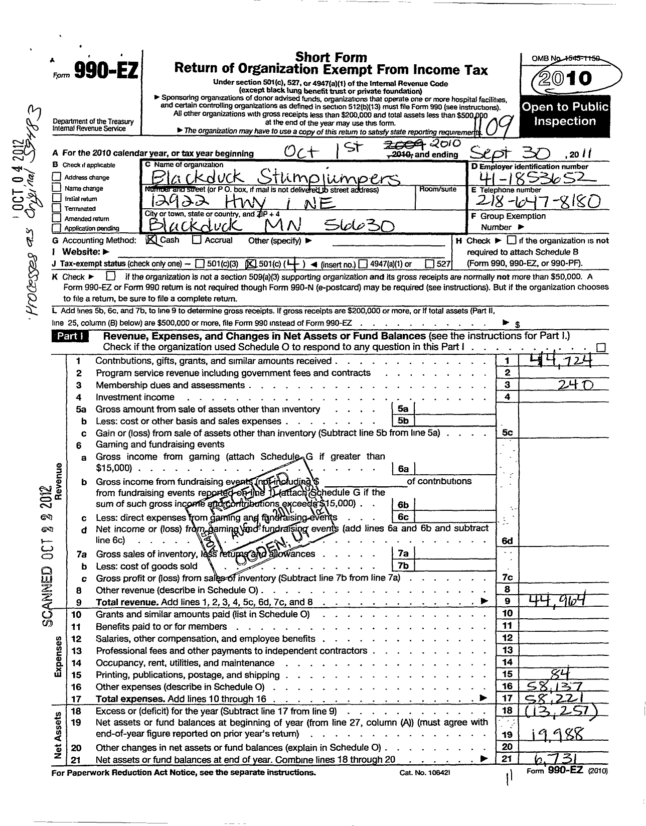 Image of first page of 2010 Form 990EO for Blackduck Stumpjumpers