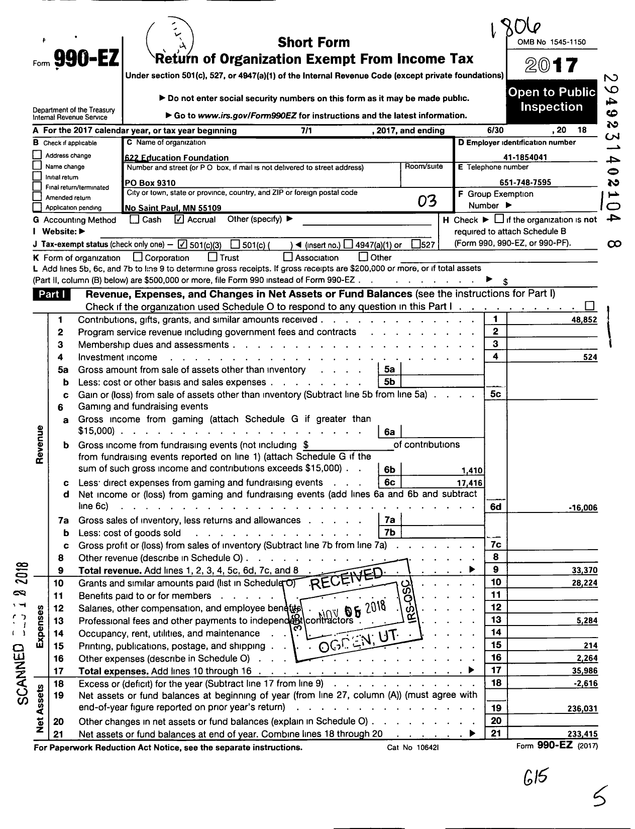 Image of first page of 2017 Form 990EZ for 622 Education Foundation