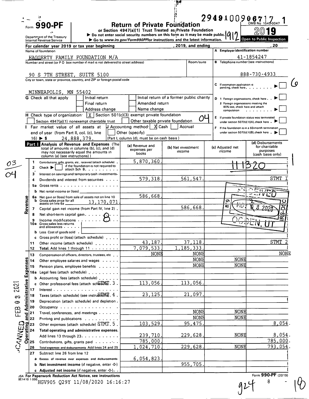 Image of first page of 2019 Form 990PF for Haggerty Family Foundation Ma