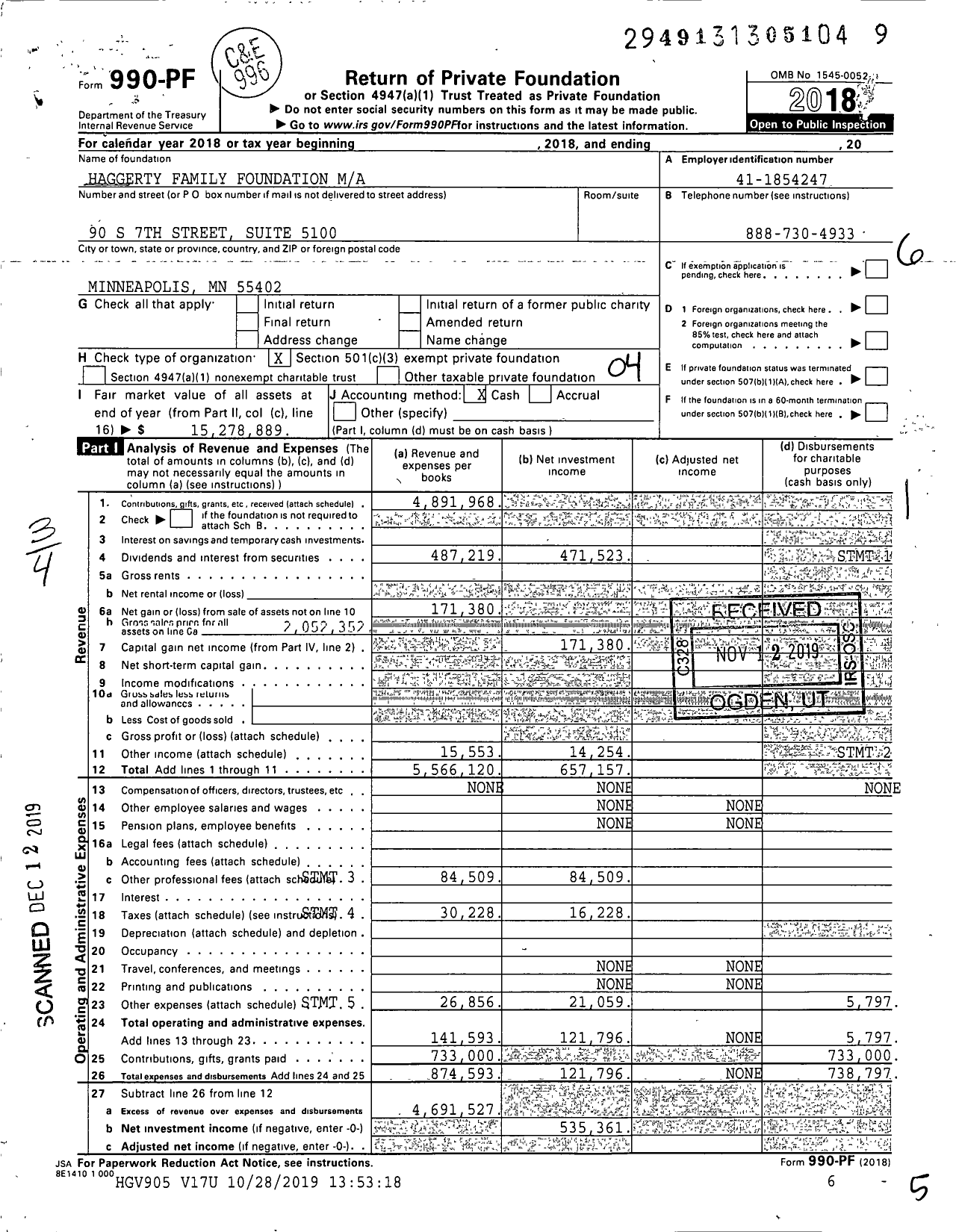 Image of first page of 2018 Form 990PF for Haggerty Family Foundation Ma