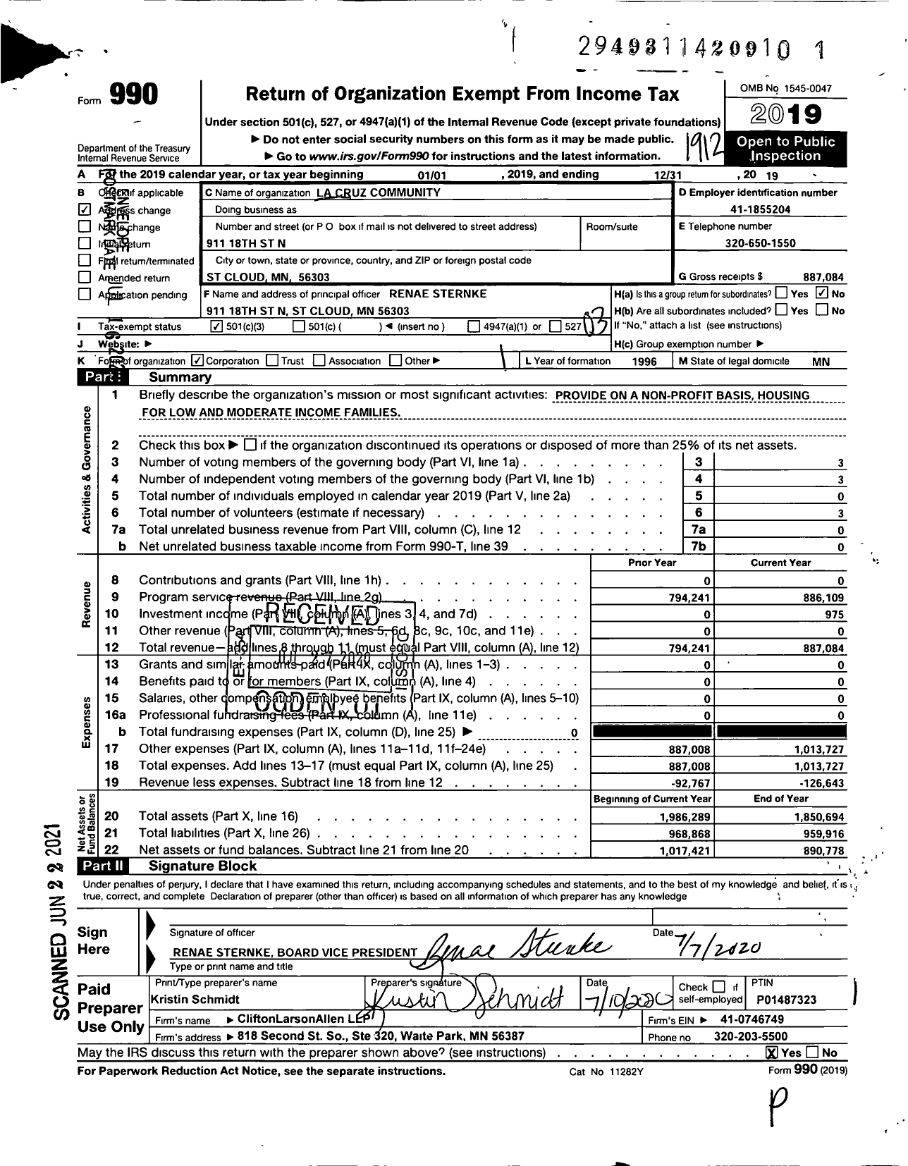 Image of first page of 2019 Form 990 for La Cruz Community