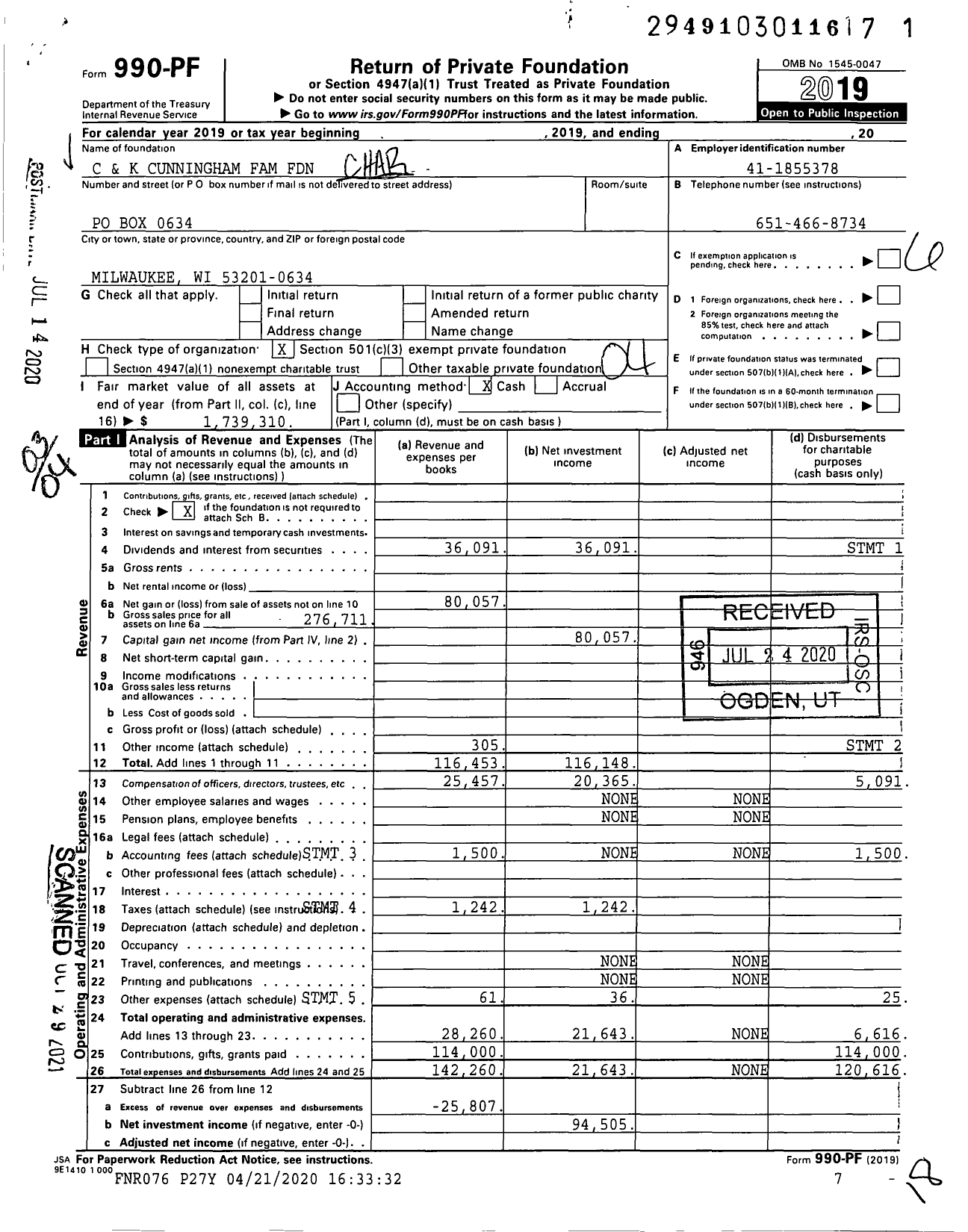 Image of first page of 2019 Form 990PF for C and K Cunningham Family Foundation