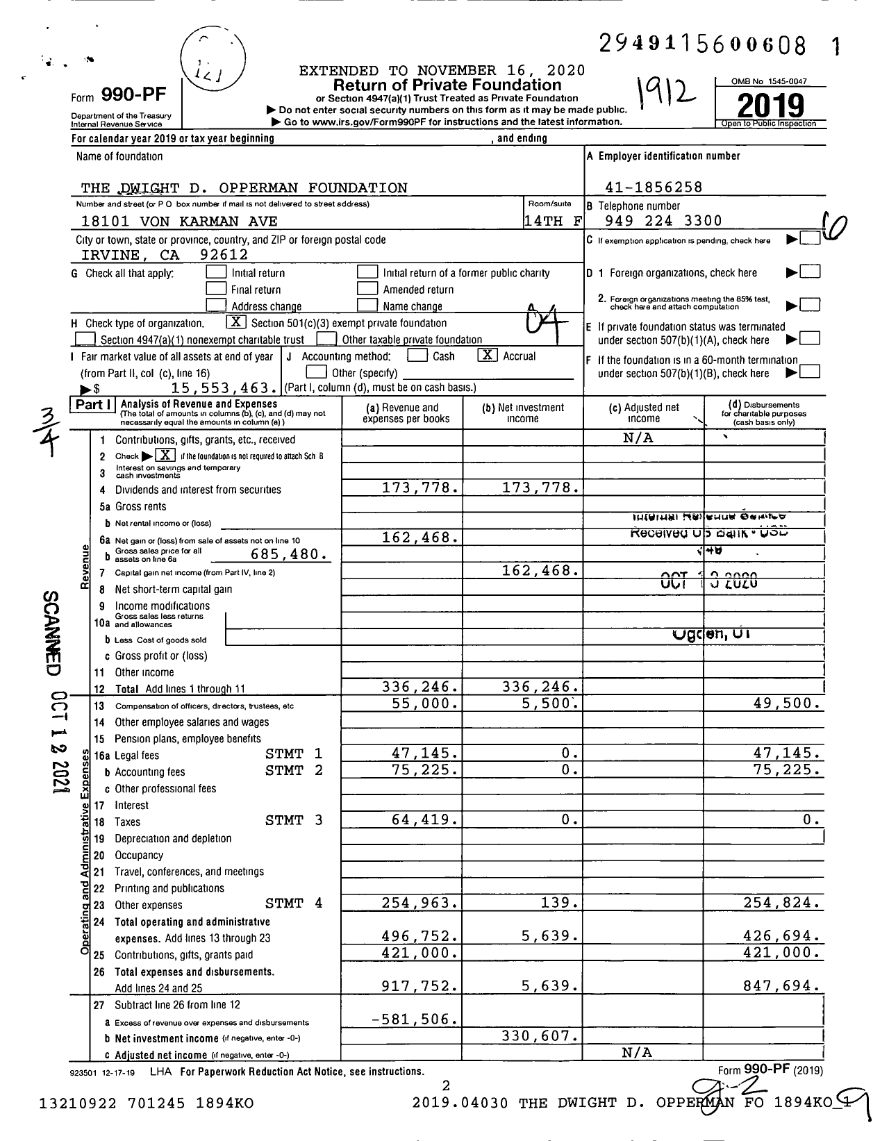 Image of first page of 2019 Form 990PF for The Dwight D Opperman Foundation