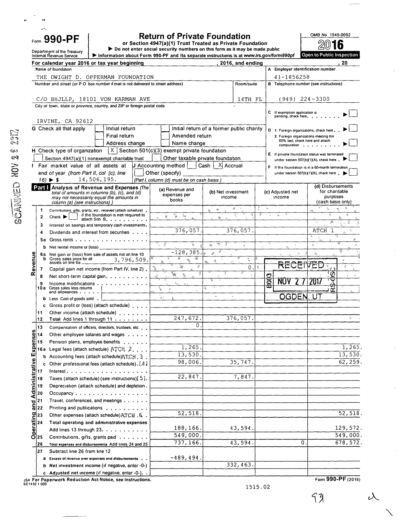 Image of first page of 2016 Form 990PF for The Dwight D Opperman Foundation