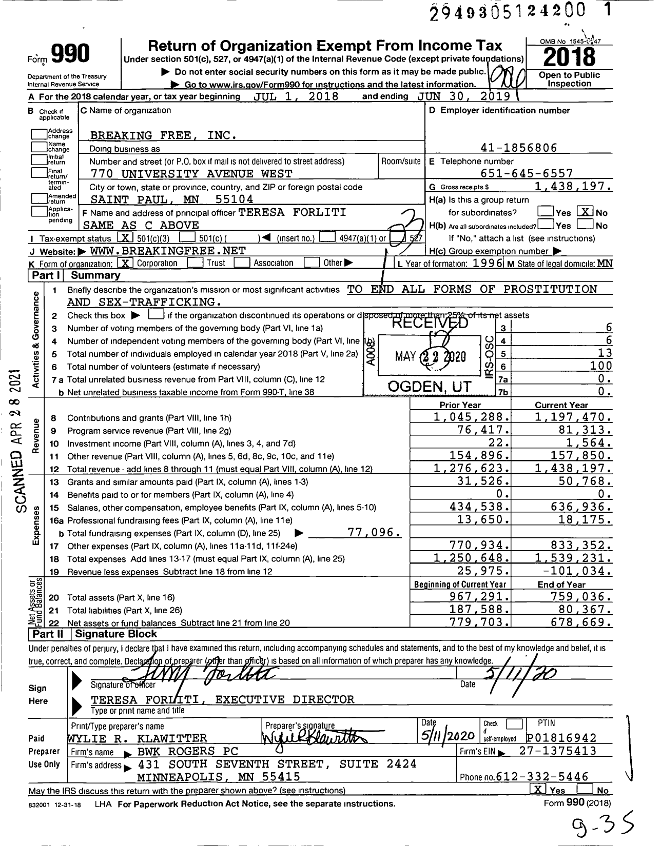 Image of first page of 2018 Form 990 for Breaking Free