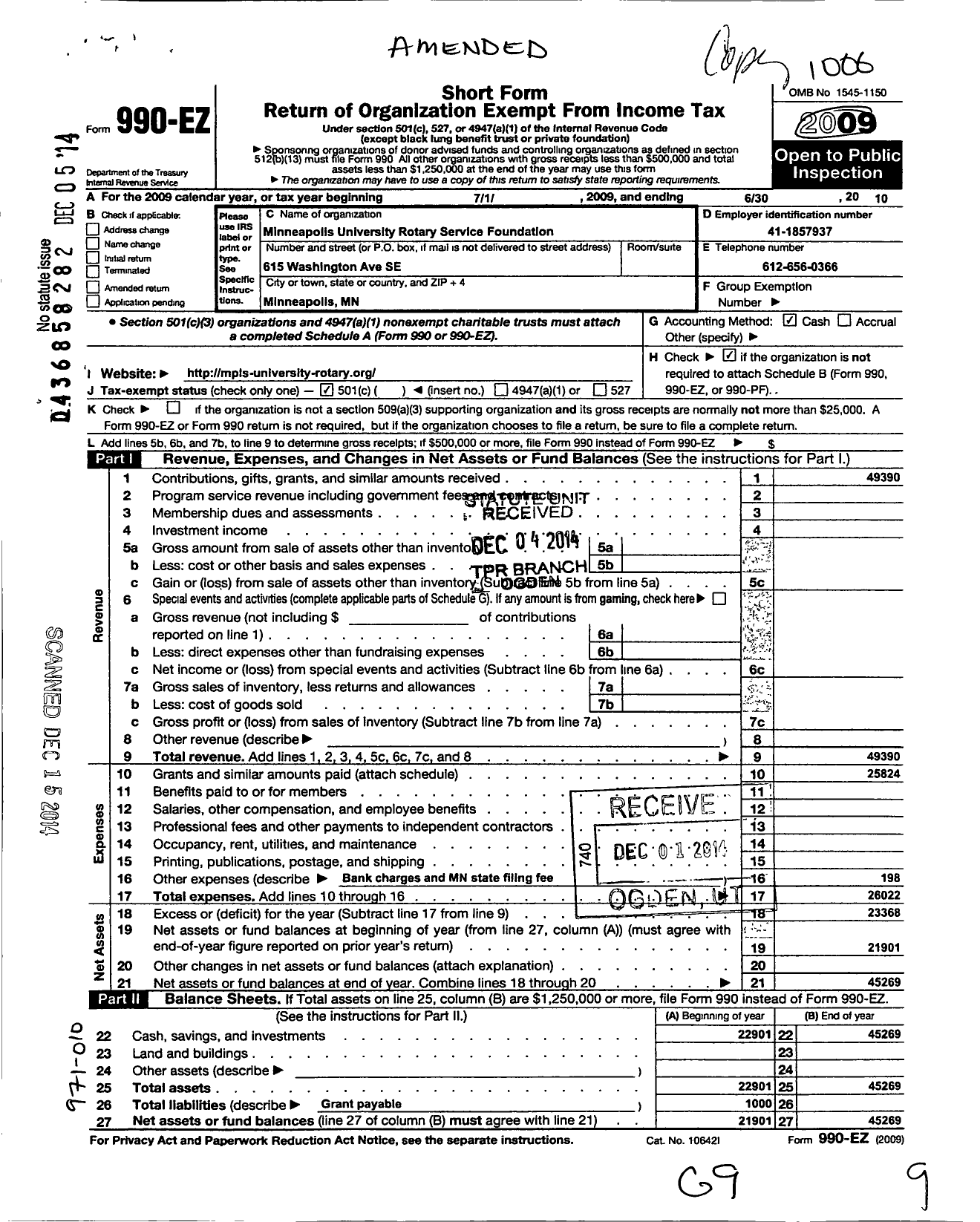 Image of first page of 2009 Form 990EO for Minneapolis University Rotary Service Foundation