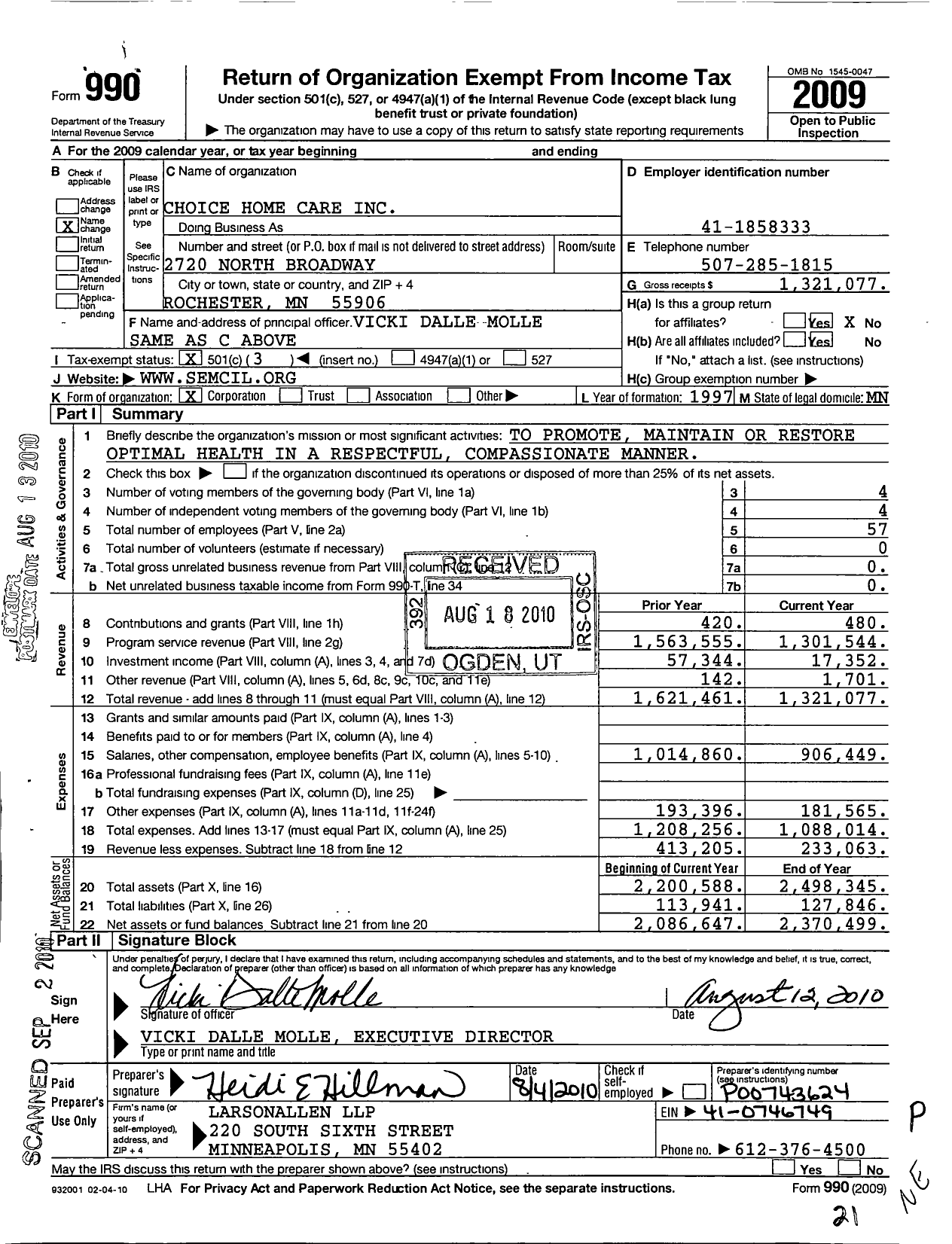 Image of first page of 2009 Form 990 for Choice Home Care