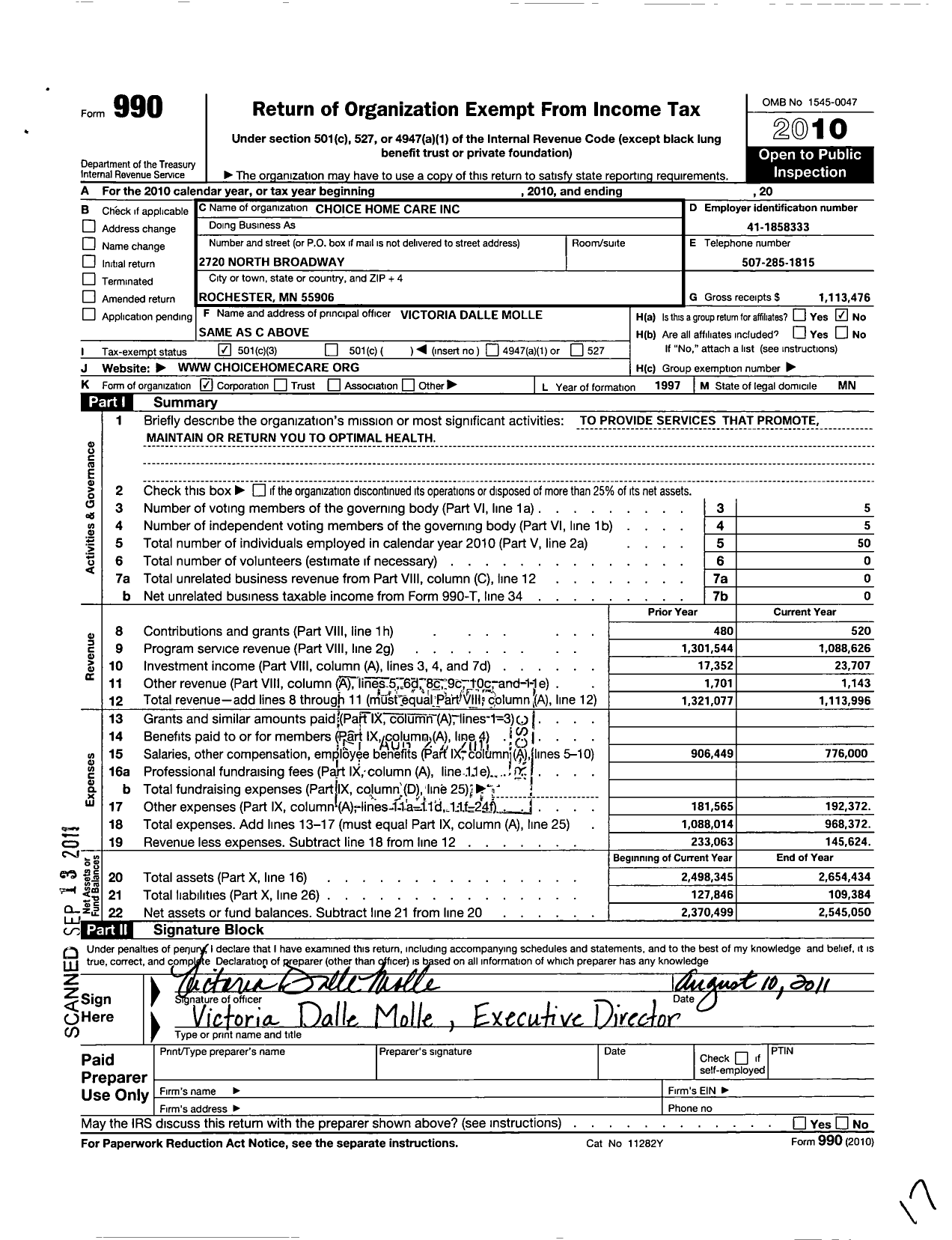 Image of first page of 2010 Form 990 for Choice Home Care