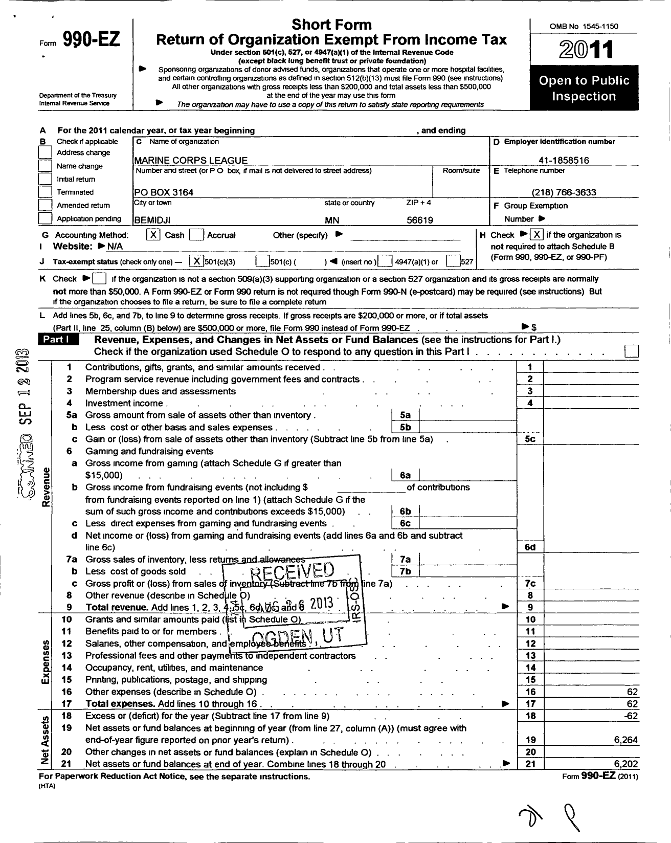 Image of first page of 2011 Form 990EZ for Marine Corps League - 585 North Country Det