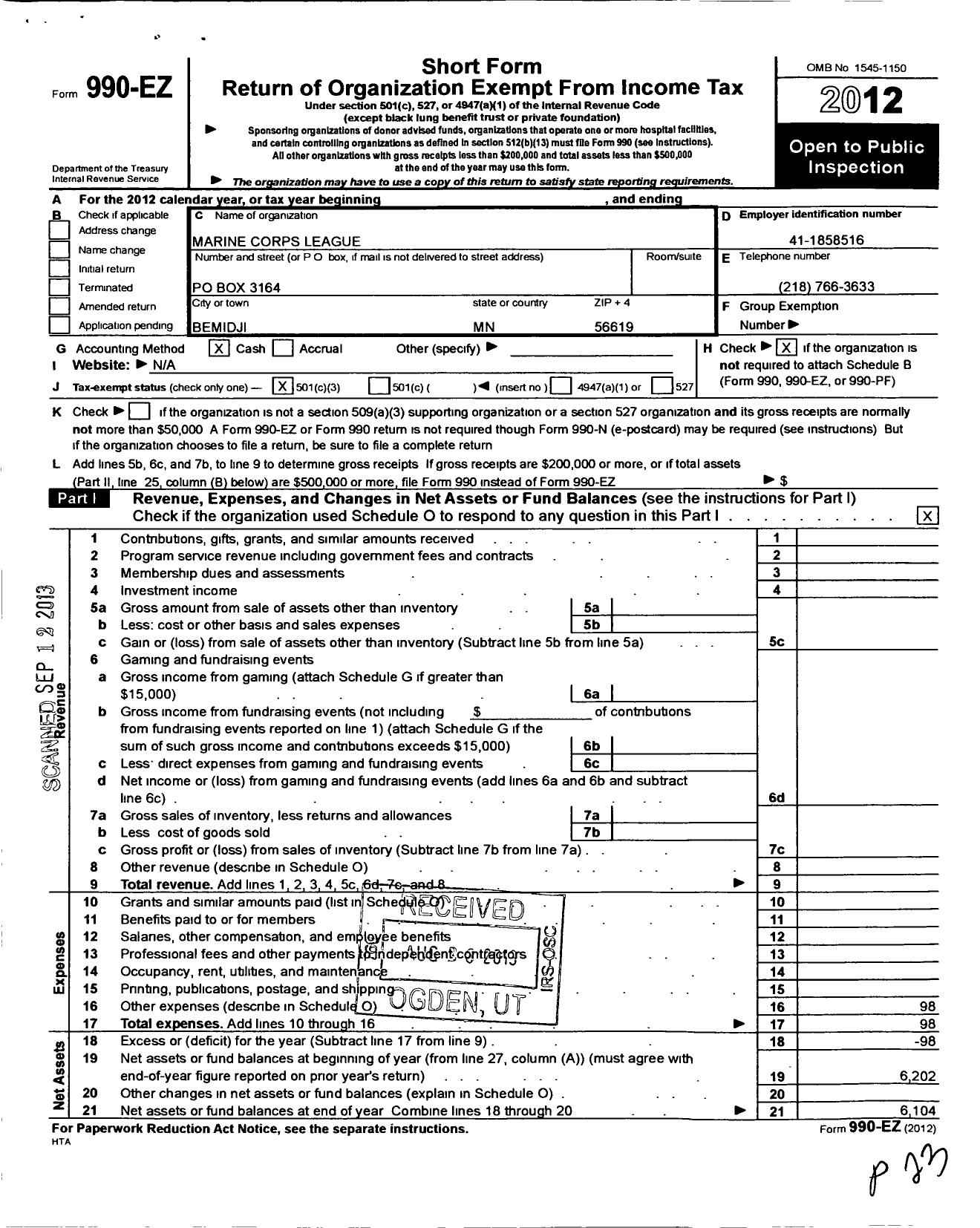 Image of first page of 2012 Form 990EZ for Marine Corps League - 585 North Country Det