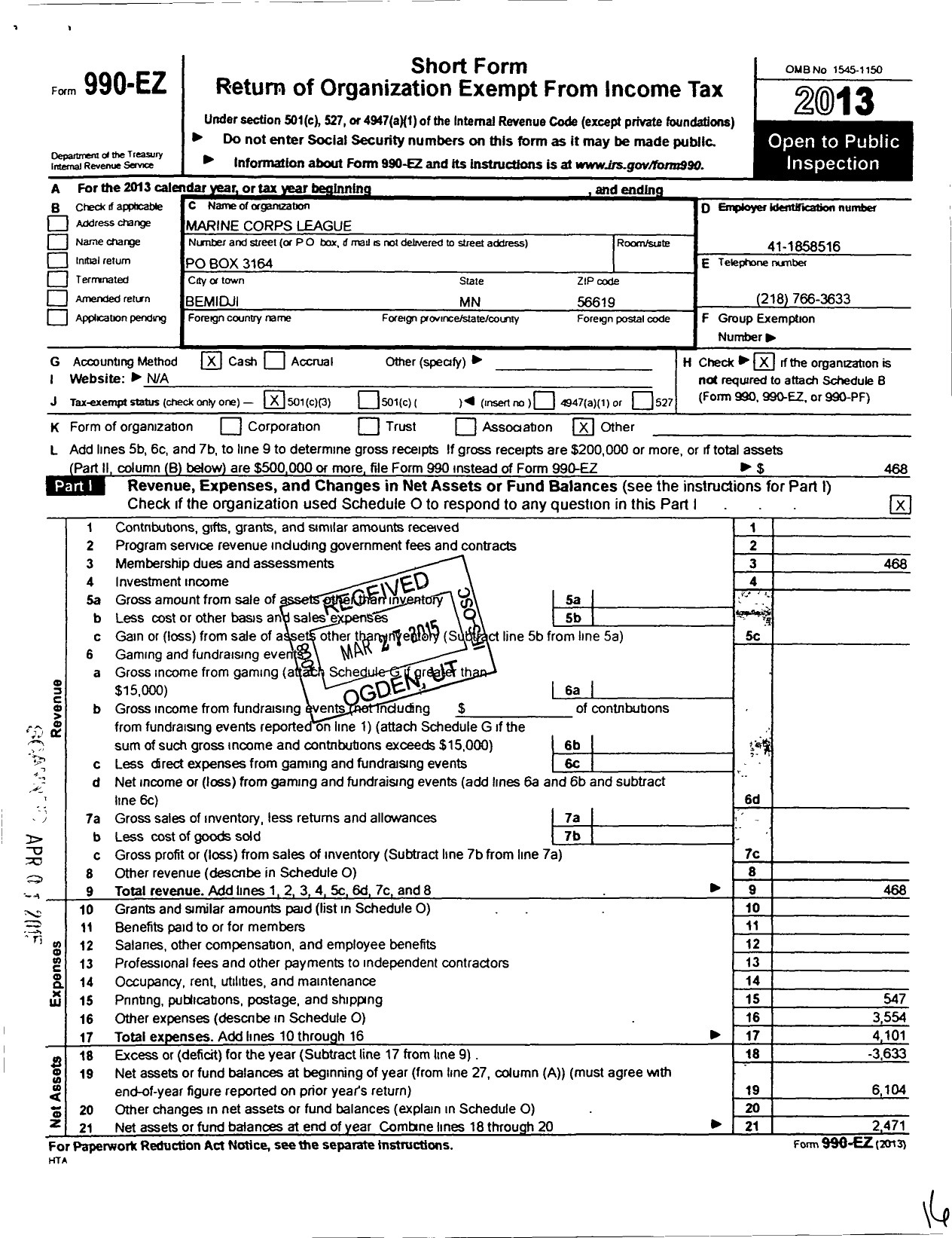 Image of first page of 2013 Form 990EZ for Marine Corps League - 585 North Country Det