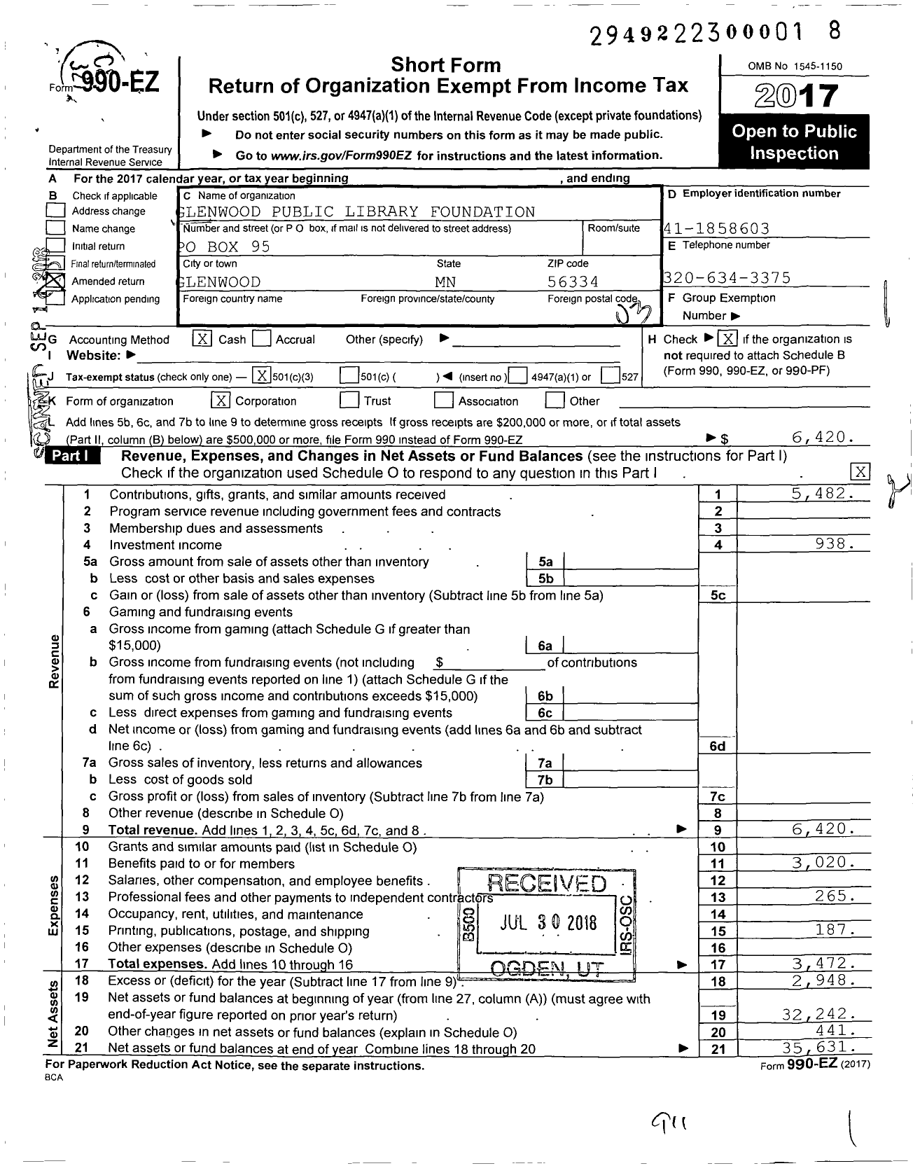 Image of first page of 2017 Form 990EZ for Glenwood Public Library Foundation