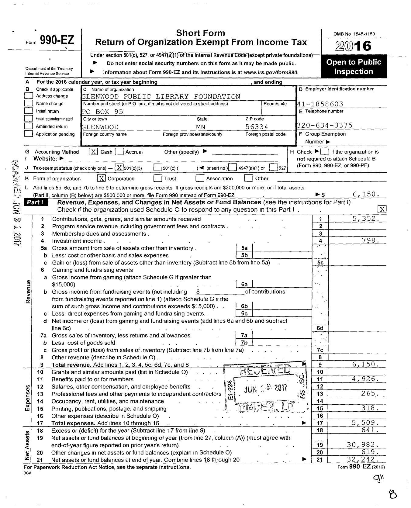 Image of first page of 2016 Form 990EZ for Glenwood Public Library Foundation