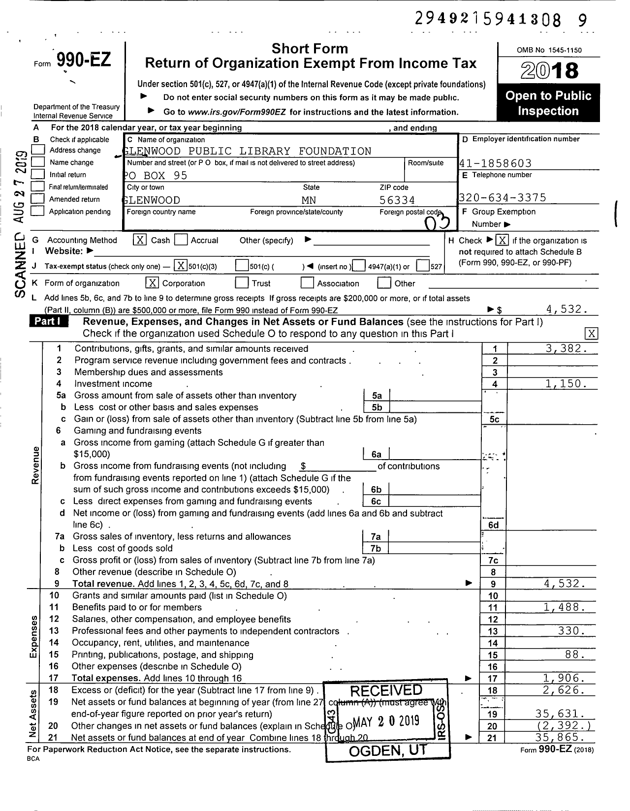 Image of first page of 2018 Form 990EZ for Glenwood Public Library Foundation