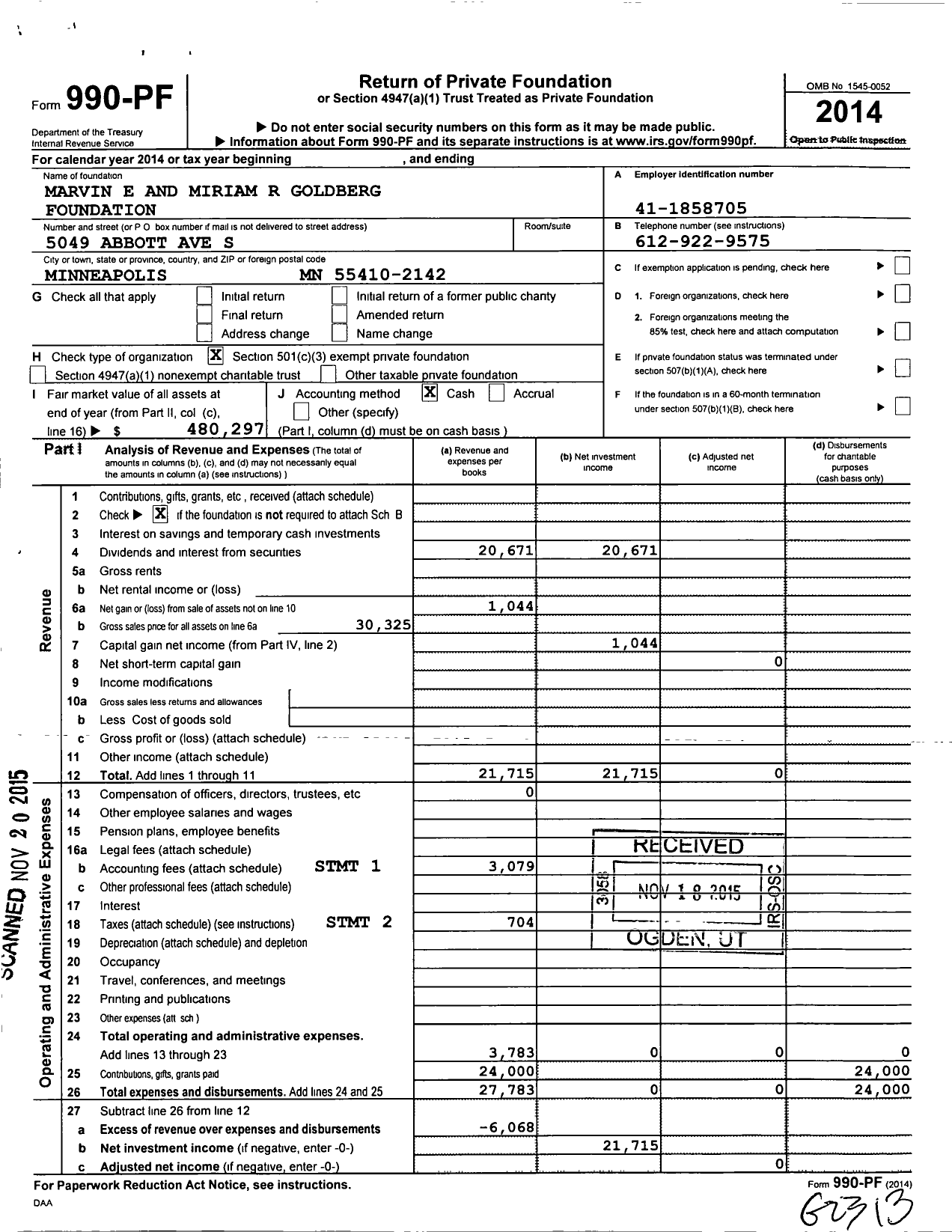 Image of first page of 2014 Form 990PF for Marvin E and Miriam R Goldberg Foundation