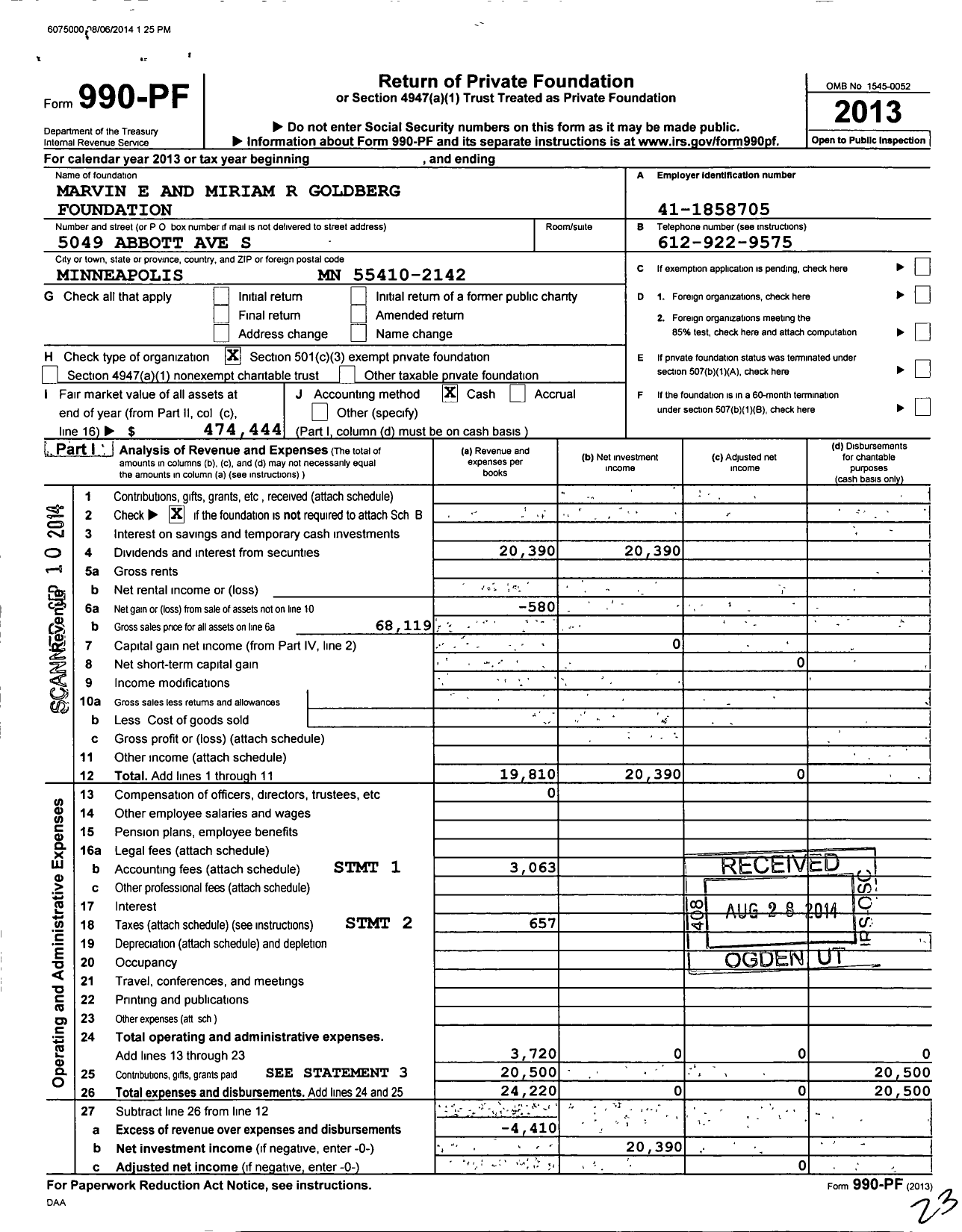 Image of first page of 2013 Form 990PF for Marvin E and Miriam R Goldberg Foundation