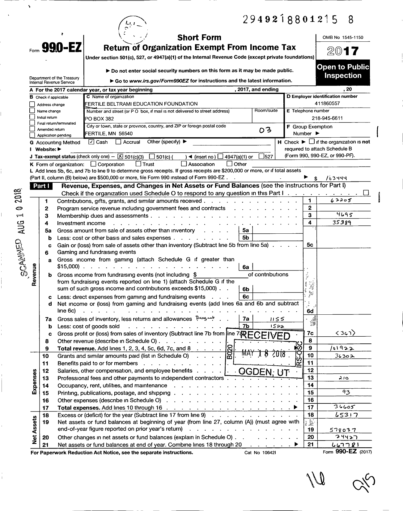 Image of first page of 2017 Form 990EZ for Fertile Beltrami Education Foundation