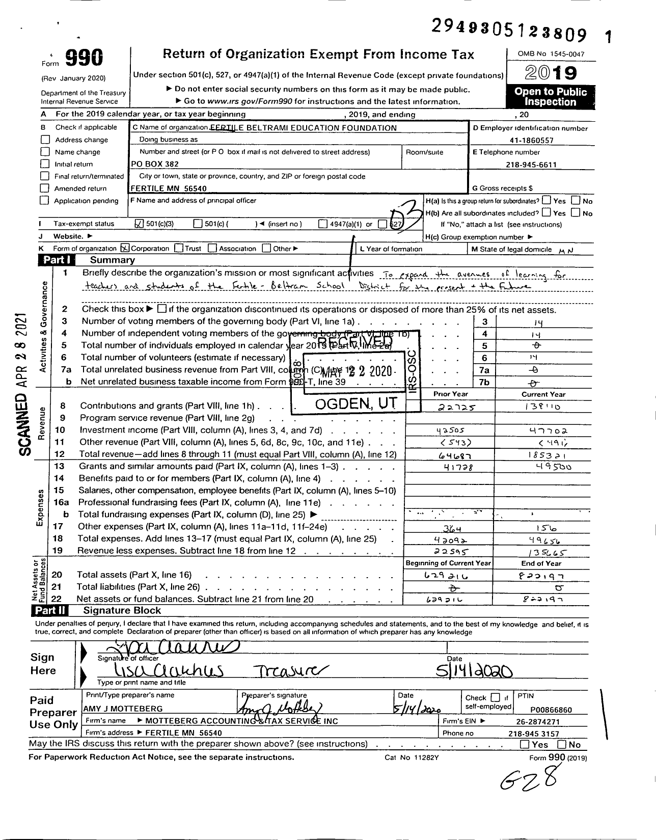 Image of first page of 2019 Form 990 for Fertile Beltrami Education Foundation