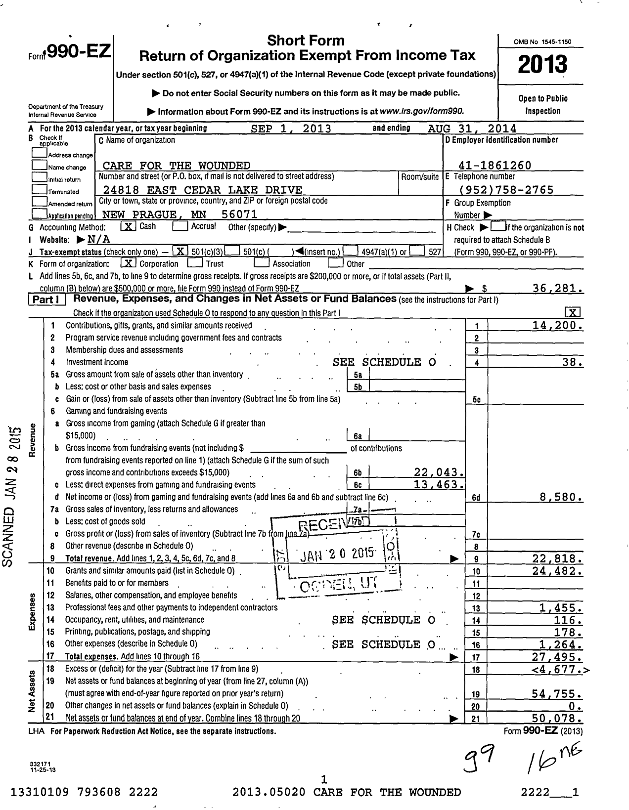 Image of first page of 2013 Form 990EZ for Care for the Wounded