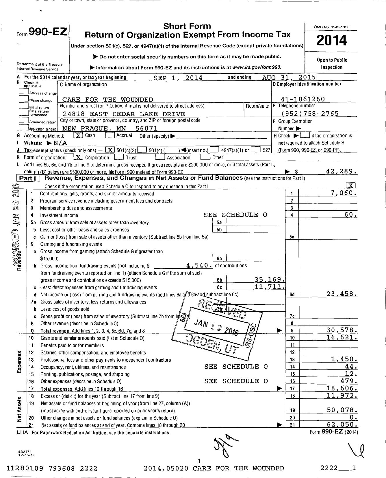 Image of first page of 2014 Form 990EZ for Care for the Wounded