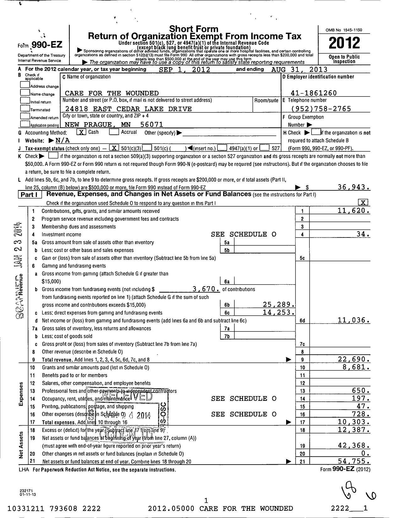 Image of first page of 2012 Form 990EZ for Care for the Wounded