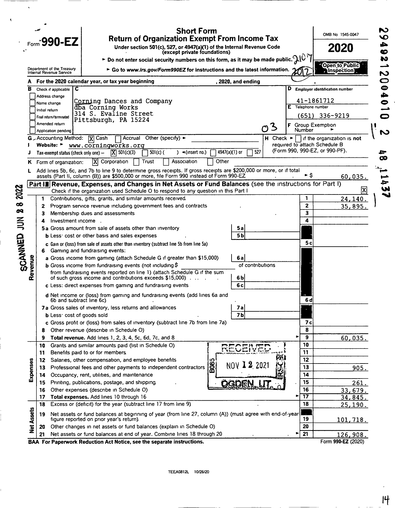 Image of first page of 2020 Form 990EZ for Corning Works