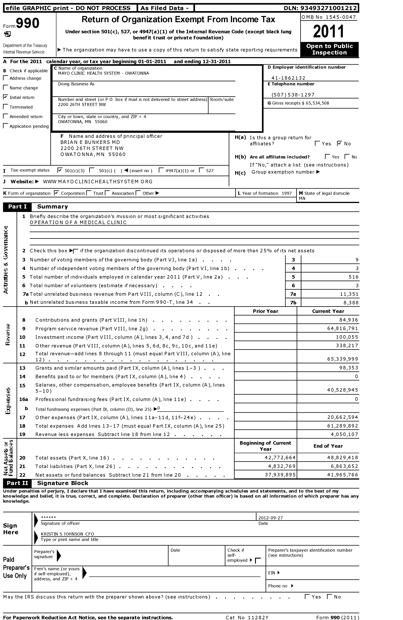 Image of first page of 2011 Form 990 for Mayo Clinic Health System-Owatonna