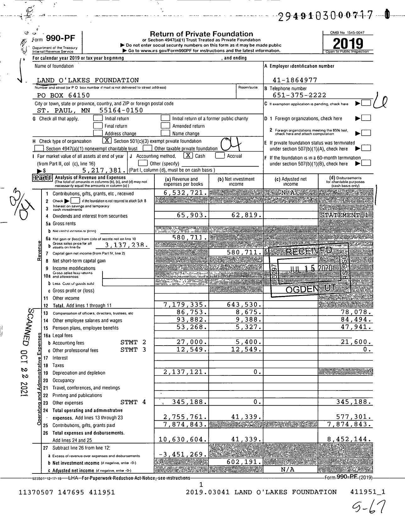Image of first page of 2019 Form 990PF for Land O'Lakes Foundation