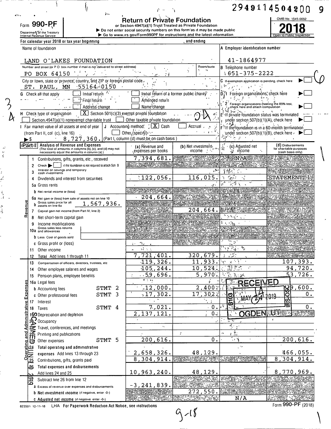 Image of first page of 2018 Form 990PF for Land O'Lakes Foundation