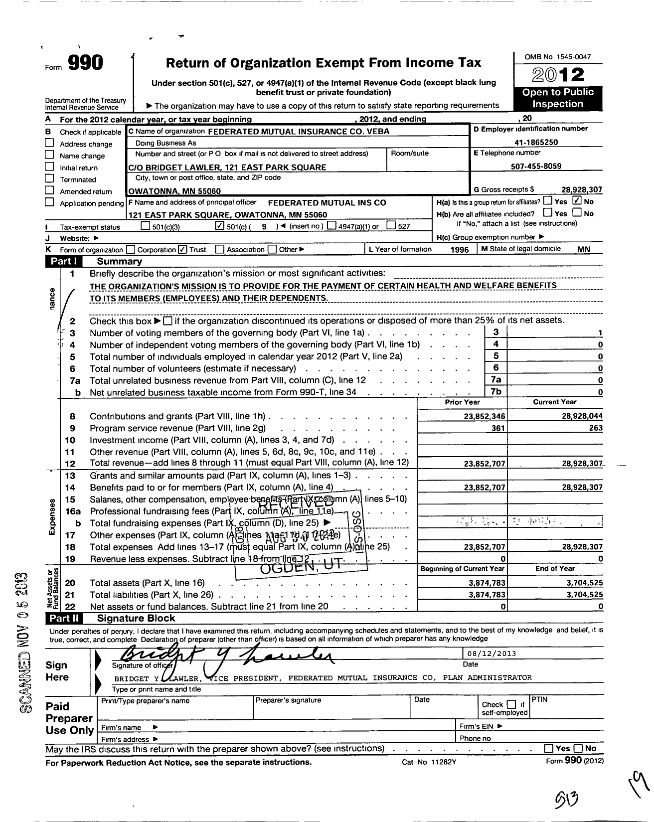 Image of first page of 2012 Form 990O for Federated Mutual Insurance Veba