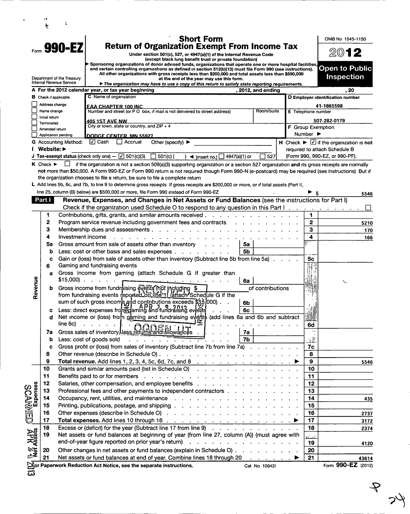 Image of first page of 2012 Form 990EZ for E A A Chapter 100