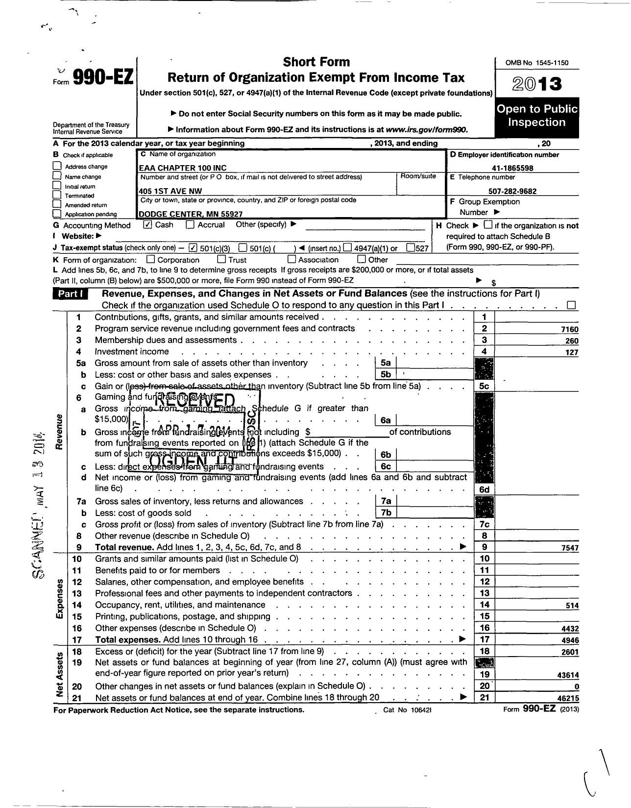 Image of first page of 2013 Form 990EZ for E A A Chapter 100