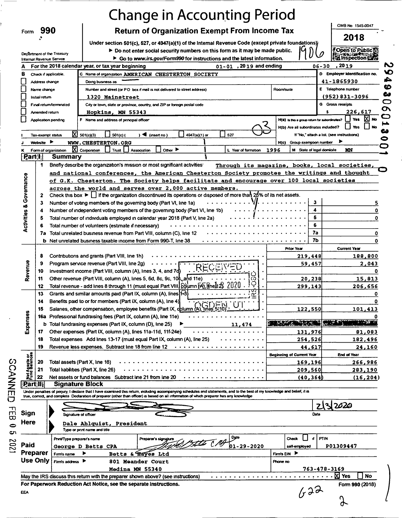 Image of first page of 2018 Form 990 for The Society of Gilbert Keith Chesterton