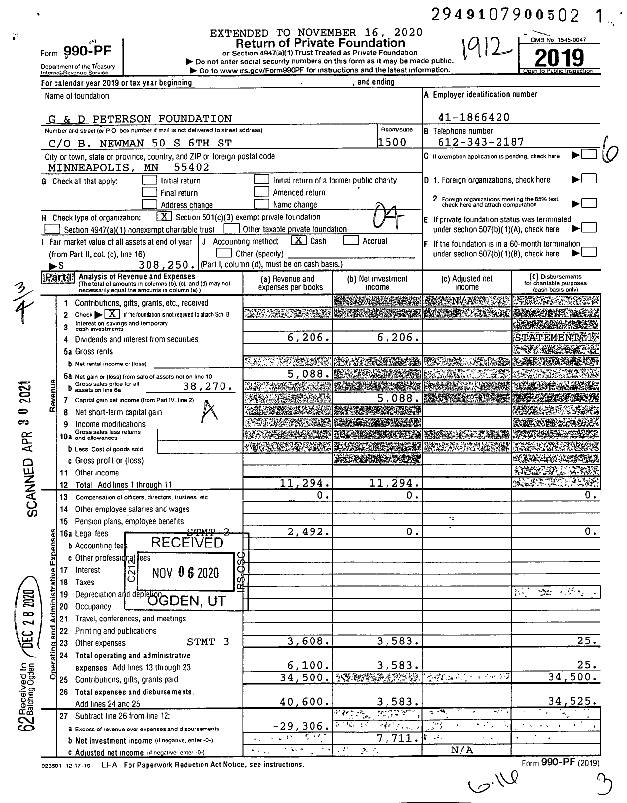 Image of first page of 2019 Form 990PF for G and D Peterson Foundation