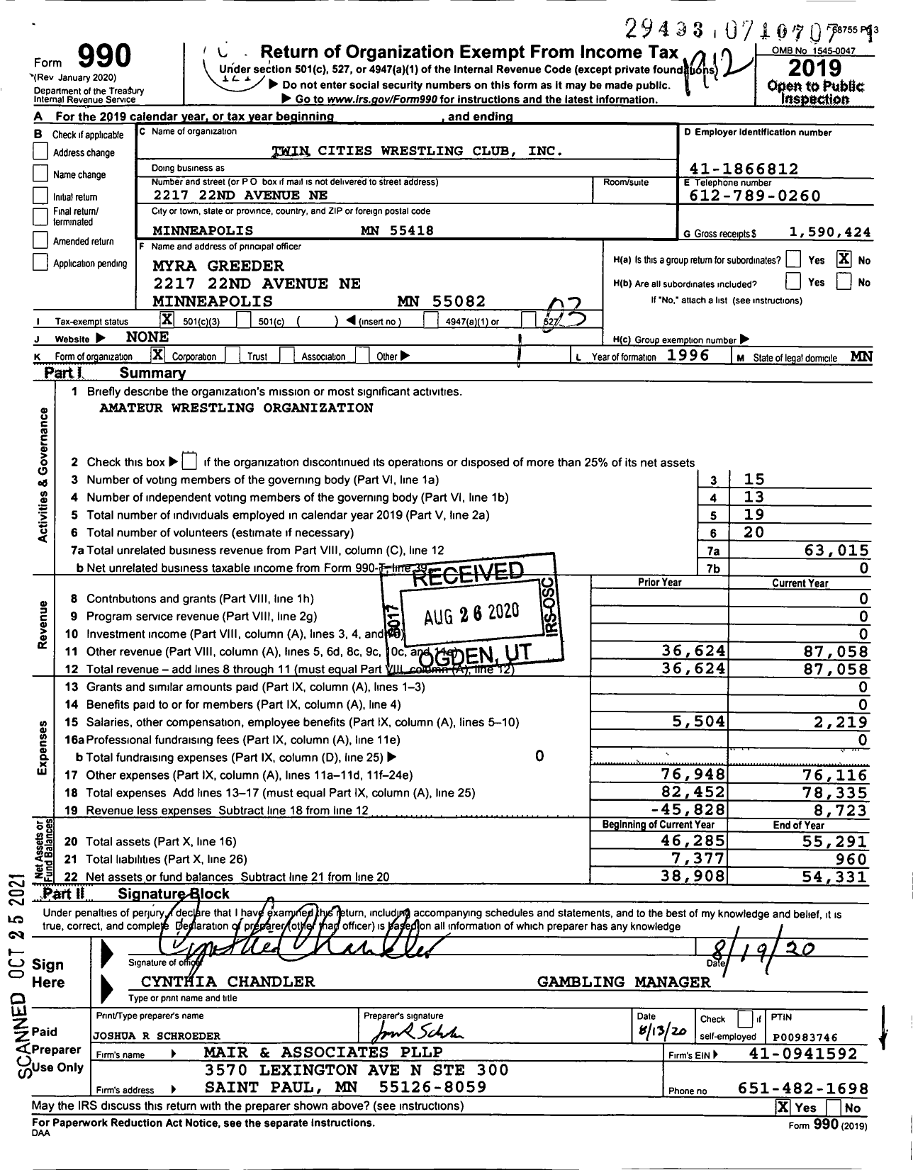 Image of first page of 2019 Form 990 for Twin Cities Wrestling Club