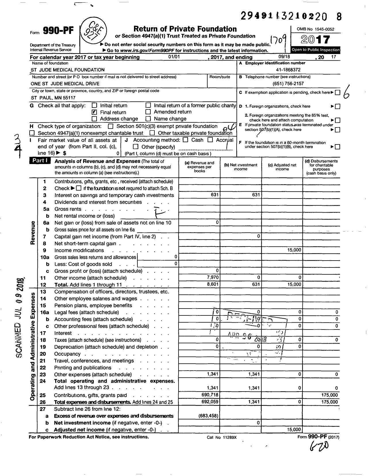 Image of first page of 2016 Form 990PF for St Jude Medical Foundation