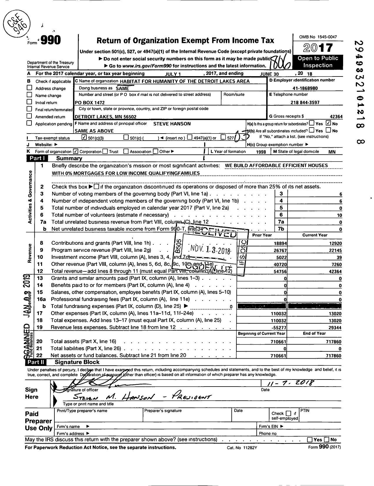 Image of first page of 2017 Form 990 for Fuller Center for Housing / Detroit Lakes Area