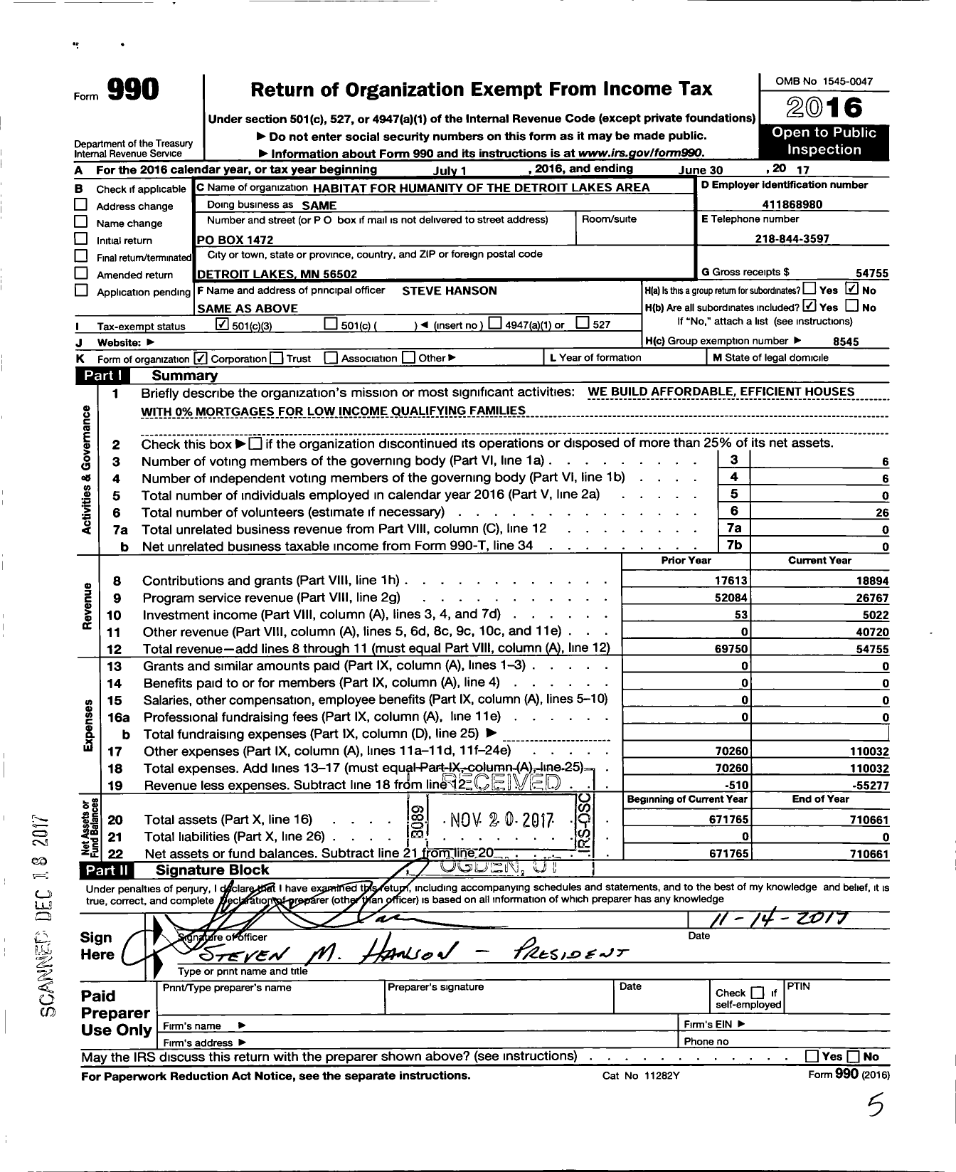 Image of first page of 2016 Form 990 for Fuller Center for Housing / Detroit Lakes Area