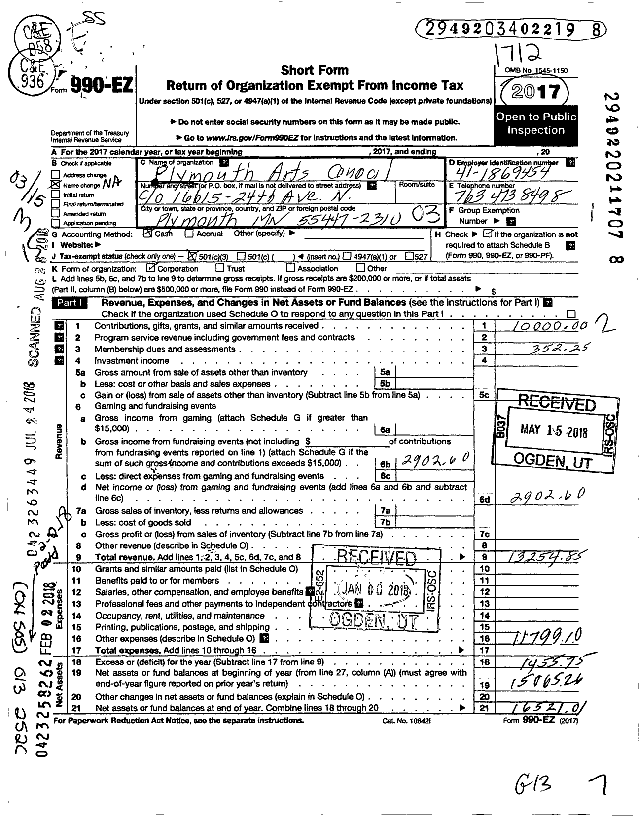 Image of first page of 2017 Form 990EZ for Plymouth Arts Council